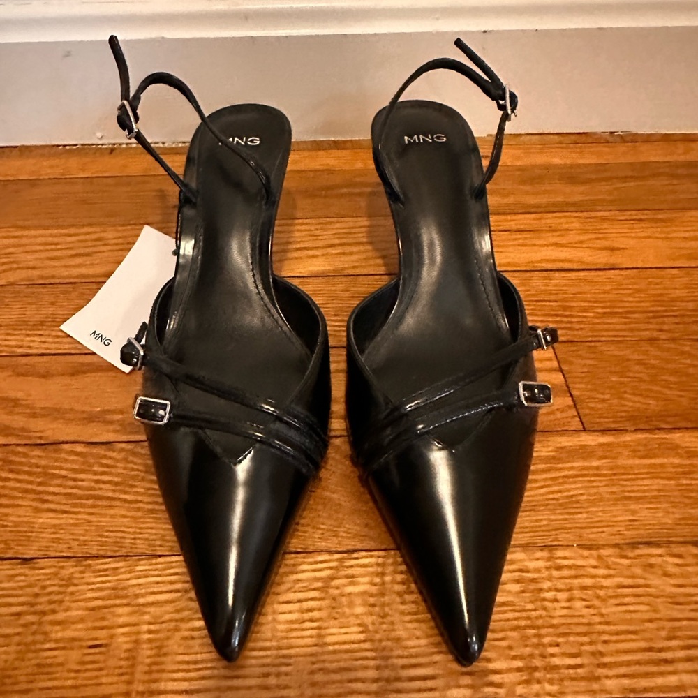 Mango Black Strappy Kitten Heel Pumps